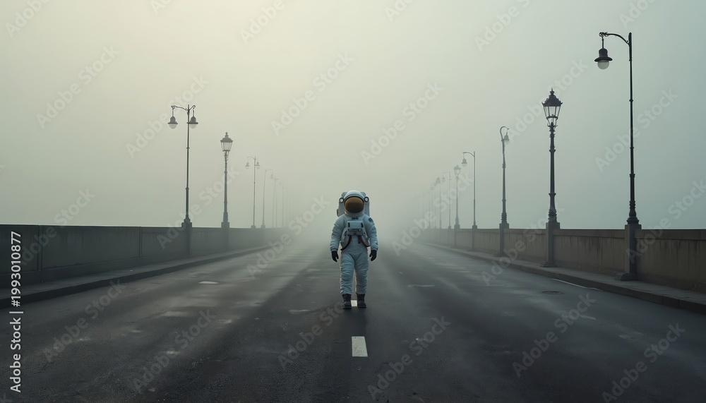 Fototapeta premium Astronaut walks on foggy road bridge with street lamps. Solitary figure travels through mist on deserted path. Space explorer journey begins in mysterious atmosphere.
