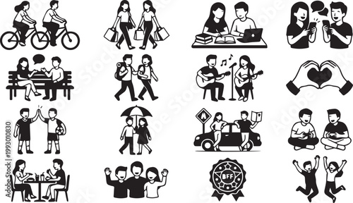Modern minimalist black and white icon set of friendship and relationships.