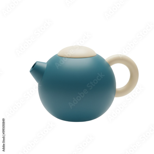 teapot with a smooth, glossy finish in shades of blue and cream, Isolated on transparent background, 3D render style