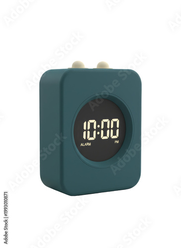 A sleek, teal-colored digital alarm clock with a minimalist design
