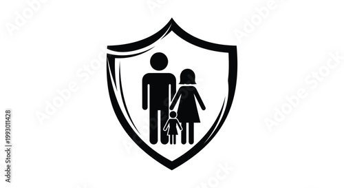Family protection shield, safety icons, security symbols, black vector graphics