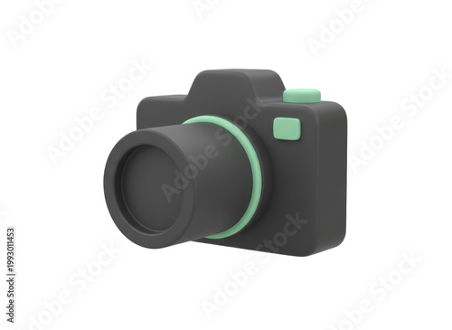 Stylized 3D Camera Icon Illustration in Matte Black With Mint Accents for Photography
