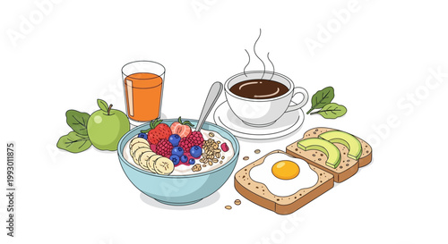 Hand Drawn Healthy Breakfast Meal Illustration.
