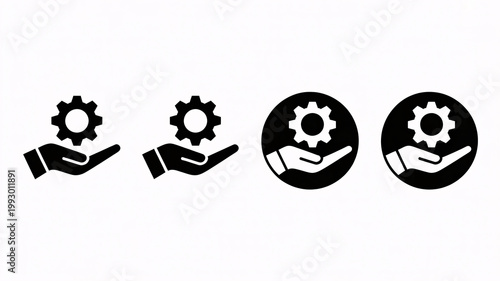A set of black and white icons depicting hands holding gears, symbolizing maintenance and support.