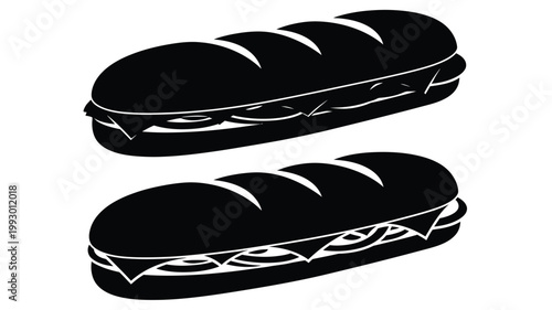 Two stacked baguette sandwiches depicted in a stark black silhouette