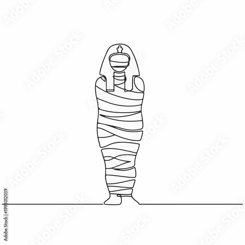 Egyptian mummy continuous one line drawing. Minimalist Halloween vector illustration. Sarcophagus line art isolated on white background