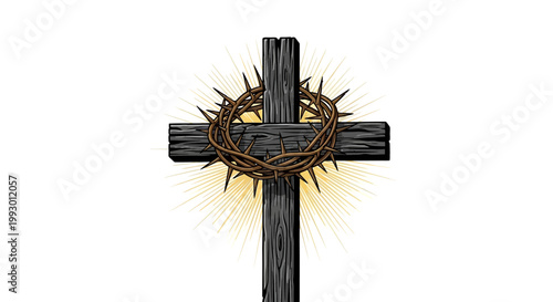 Wooden Cross with Crown of Thorns and Divine Light Rays.