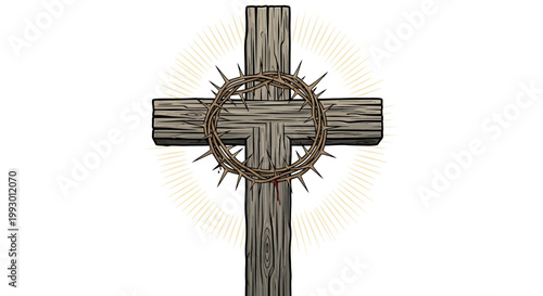 Wooden Christian cross with a crown of thorns isolated on white.
