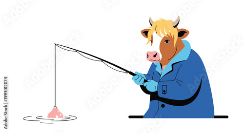 Hardworking cow character wearing a blue work jacket and gloves holding a fishing rod over a pond waiting for a fish to bite the bait.