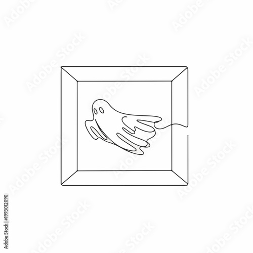Ghost emerging from frame continuous one line drawing. Spooky Halloween phantom illustration. Minimalist vector art isolated on white background