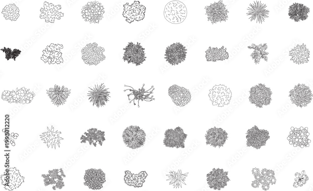Obraz premium Set of trees, various plants, shrubs, top view, floor plan, architectural plan, landscape design, symbol, icon, customizable stroke, vector