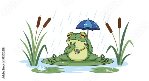 Calm cartoon frog sitting on a lily pad in the rain holding a small blue umbrella and wearing a gold medallion.