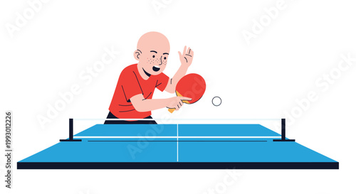 Young man playing table tennis with a red paddle and white ball on a blue ping pong table during a competitive match.