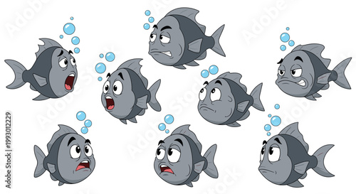 School of gray cartoon fish with various surprised and confused facial expressions swimming together underwater.