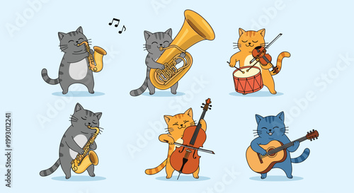 Collection of cute cartoon cats playing different musical instruments including guitar, violin, saxophone, and tuba.