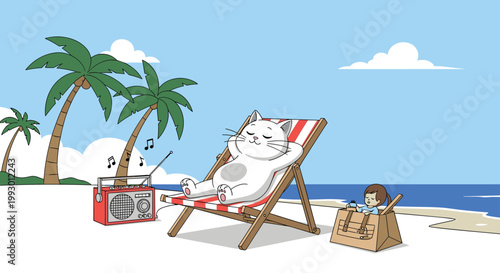 Relaxing white cartoon cat lying on a beach lounge chair listening to a vintage radio on a tropical sunny beach with palm trees.