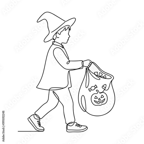 Boy in wizard hat trick or treating with candy bag. Continuous line art Halloween illustration. Minimalist vector drawing isolated on white background