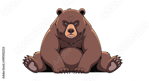 Large grumpy brown bear sitting down with an angry expression and sharp claws showing its power on a plain white background.
