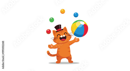 Happy orange cartoon cat wearing a black top hat and juggling colorful circus balls with a big smile on its face.