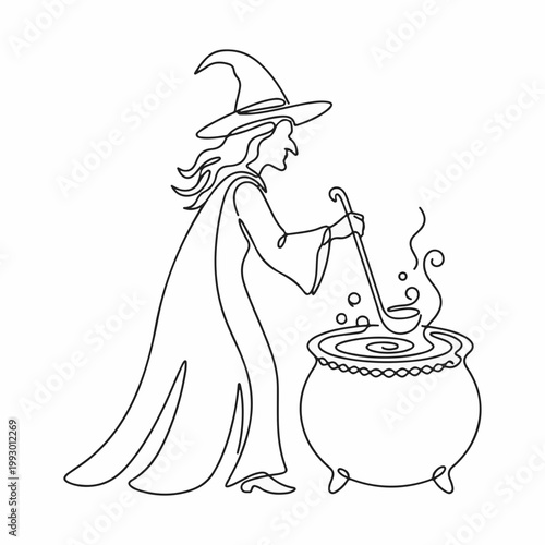 Old witch stirring a bubbling cauldron with a ladle. Continuous line art Halloween illustration. Minimalist vector drawing of a sorceress isolated on white background