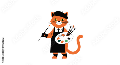 Creative orange cartoon cat artist wearing a black beret and apron holding a paintbrush and a colorful paint palette.