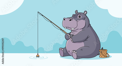 Calm cartoon hippo sitting by the water and fishing with a wooden rod and a small basket on a light blue background.