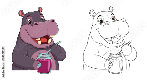 Happy cartoon hippo eating sweet red jam from a glass jar with a spoon shown in both color and line art versions.