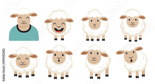 Set of cute sheep characters with various facial expressions like laughing and surprised shown in a simple vector art style on white.
