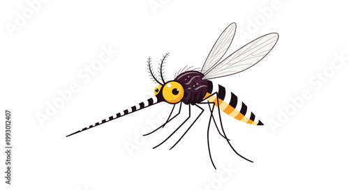 Close up illustration of a mosquito with a striped body and large yellow eyes isolated on a clean white background.