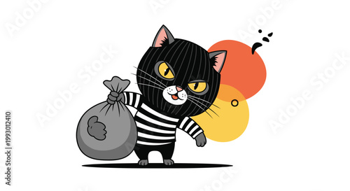 Sneaky black cat thief wearing a mask and striped shirt carrying a heavy grey sack over its shoulder on a white background.