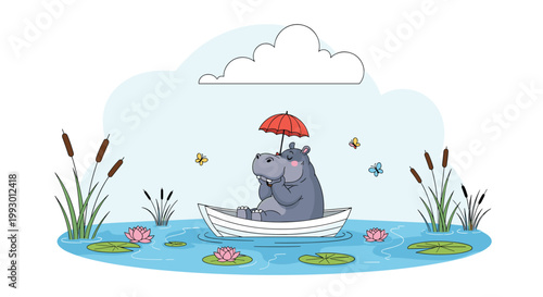 Cute hippo sitting in a small rowboat on a pond with water lilies and butterflies under a single cloud on a white background.