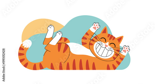 Cheerful orange tabby cat lying on its back and laughing with a huge grin on a colorful abstract background for a funny design.