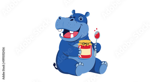 Joyful blue hippo character sitting and eating red jam from a jar with a silver spoon on a clean white background.