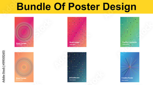 Vibrant poster designs showcase various colorful patterns and shapes on display