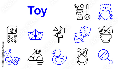 Toy children set icon. Line style icons display toy phone, paper boat, pinwheel spinner, dice cubes, sand bucket, caterpillar toy, windup mouse, rubber duck, teddy bear, rattle ball
