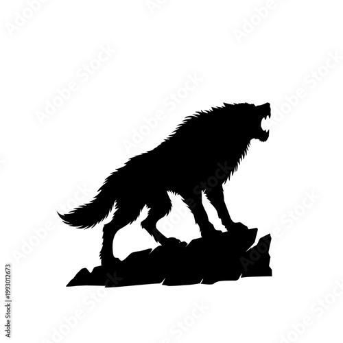 Wolf silhouette standing on rock howling illustration isolated on white background. Wild animal vector representing strength, wilderness, and nature concept