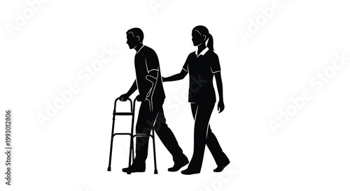 Caregiver assisting elderly person, walking aid, support, healthcare