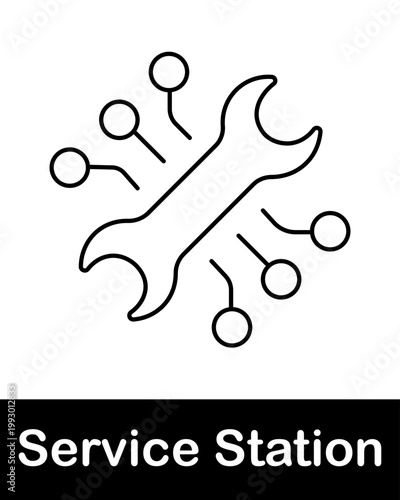 Automotive repair tools and system line icon with wrench and connection network representing diagnostics, maintenance and service station technology concept