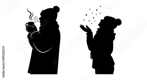 Winter silhouette vector set, person drinking hot coffee and woman catching snowflakes, cold weather seasonal character icons in black and white