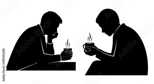 Minimalist silhouette of two men drinking coffee, pensive male figures holding steaming mugs, black and white vector illustration of a quiet conversation