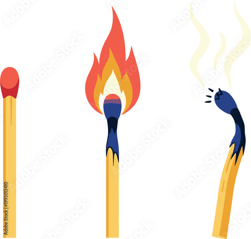Match Stick Burning Stages Icon Set Showing Unlit, Burning Flame, and Burnt Out Matchstick Sequence for Fire and Light Concept Designs