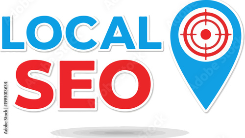 Local SEO marketing concept vector, search engine optimization typography with map pin icon, digital business location targeting graphic