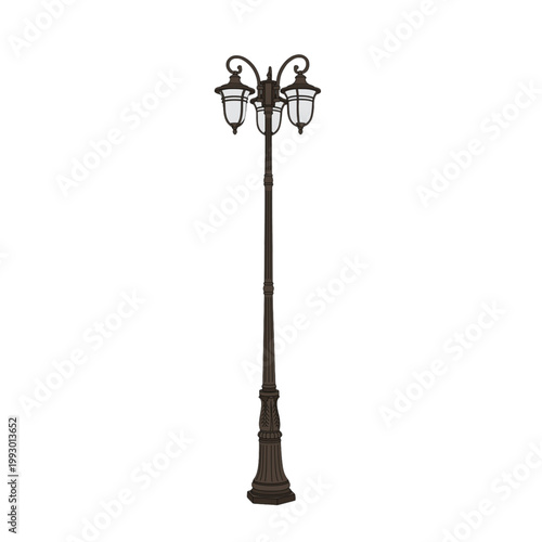 Vintage Victorian Triple-Head Street Lamp Post Illustration