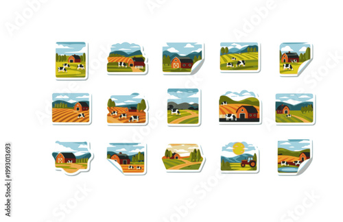 Rural Landscape Vector Illustration. Flat Village Scene with Barn, Grazing Cows, and Green Hills Sticker.