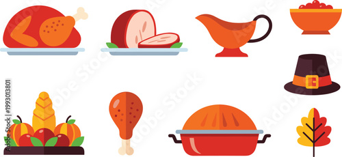 Authentic Indian Cuisine Vector Icon Set Featuring Chicken Tikka Masala, Basmati Rice, Naan Bread, Turmeric Jar, Mortar and Pestle, Cinnamon Sticks, and Fresh Chili