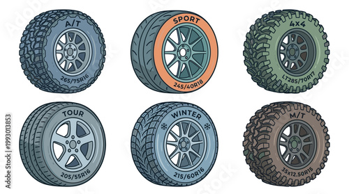 hand drawn tire types set illustration in vintage cartoon style for automotive use