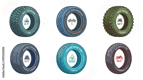 hand drawn tire types set illustration in vintage cartoon style for automotive use