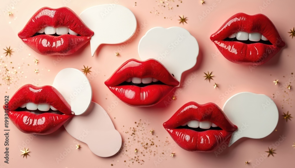 Obraz premium Open red lips with white teeth and speech bubbles symbolize conversation and ideas. Glittering stars add festive sparkle. Graphic design for communication concepts and expressions.