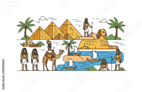 Egypt Ancient Landscape Vector. Flat Pharaoh Pyramids and Sphinx Illustration for Travel Sticker.