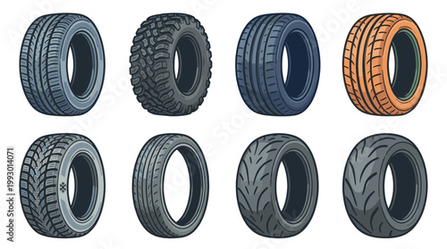hand drawn tire types set illustration in vintage cartoon style for automotive use